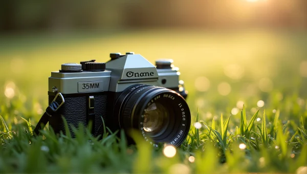 Vintage 35mm Camera On Dewy Grass Morning Light