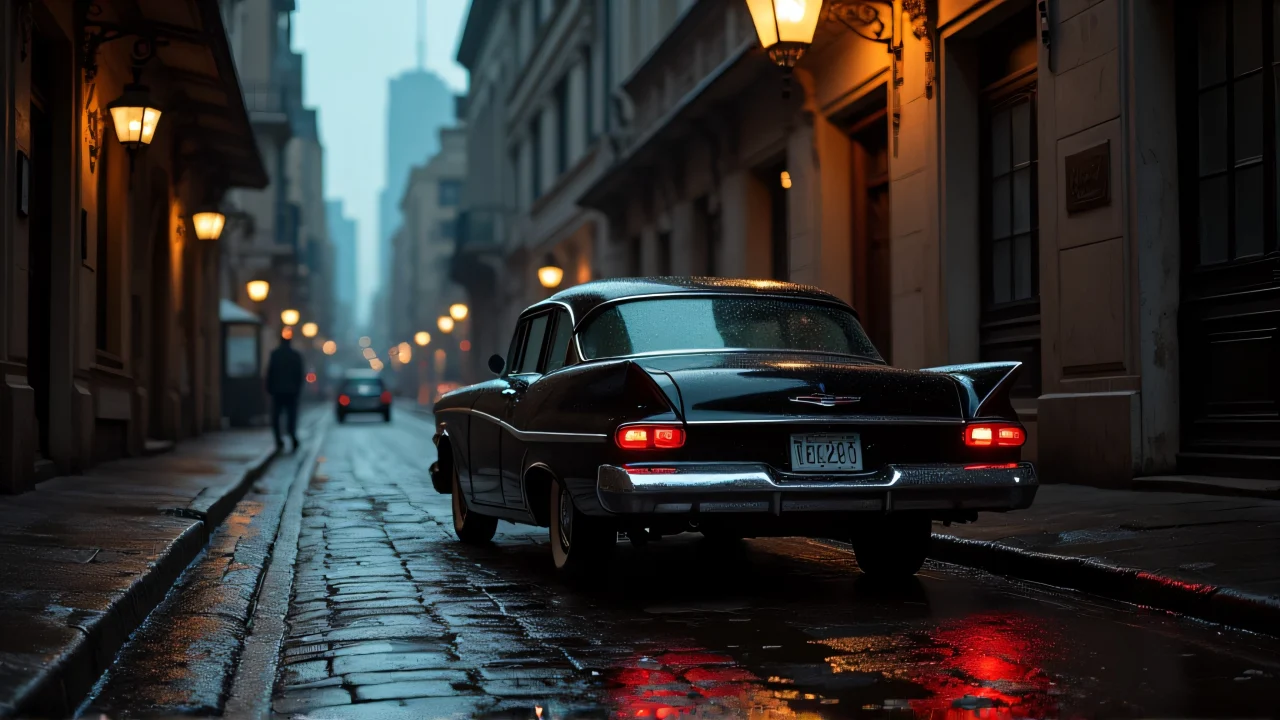 A black vintage sedan parked under a streetlamp in a rainy alley.