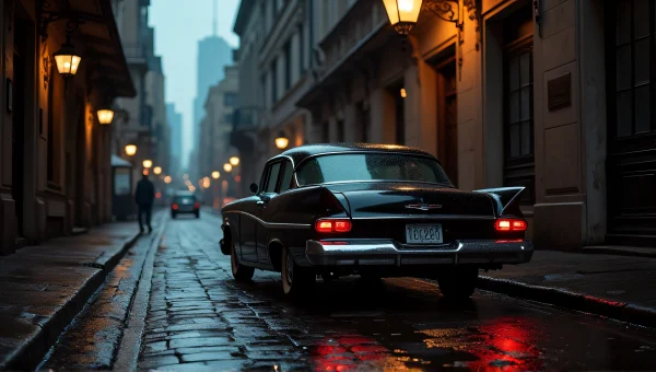 Vintage Black Sedan Under Flickering Streetlamp