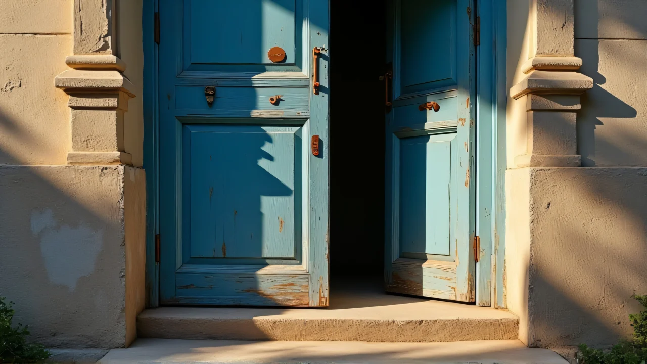 An old vintage blue door slightly ajar with peeling paint and rusted hinges.