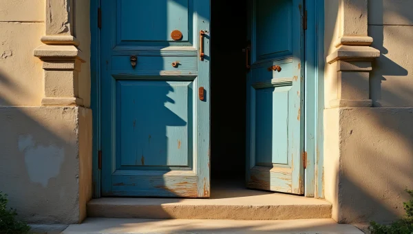 Vintage Blue Open Door With Peeling Paint