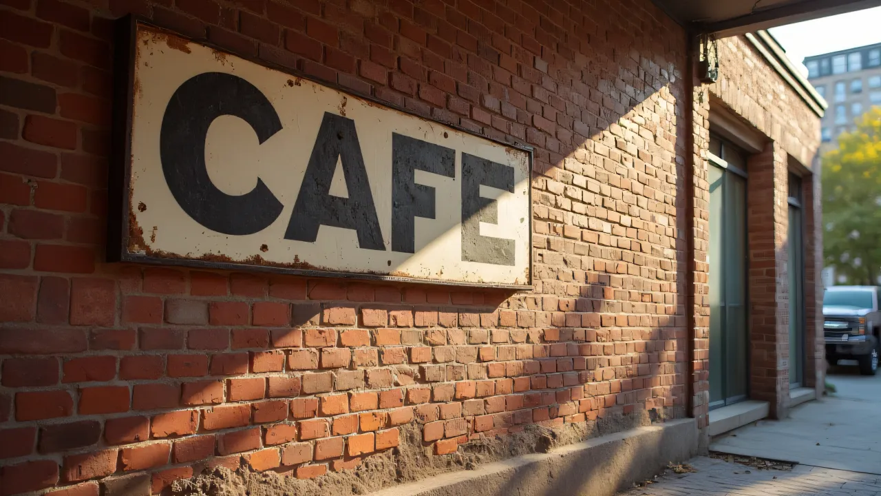 Textured brick wall with vintage cafe signage in soft morning light.
