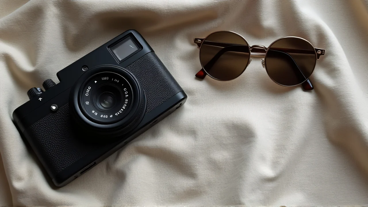 Top-down view of a vintage camera and round sunglasses on linen fabric.
