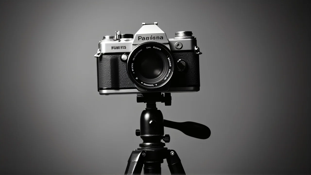 Greyscale vintage camera on a tripod with soft lighting.