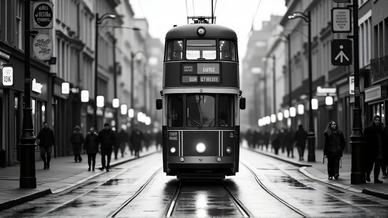 A black-and-white image of a vintage double-decker tram on a wet cobblestone street with pedestrians.