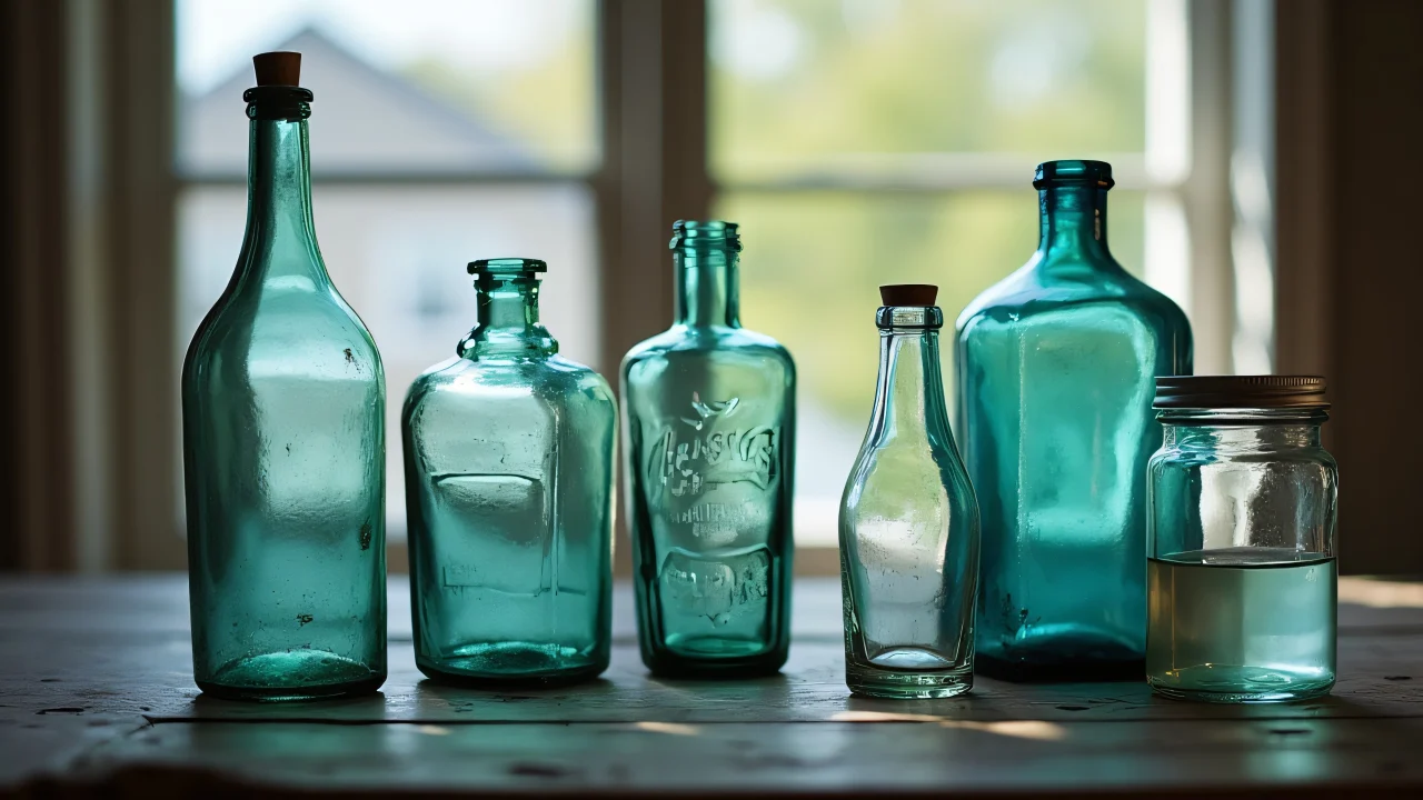 A still life of assorted vintage glass containers on a wooden surface.