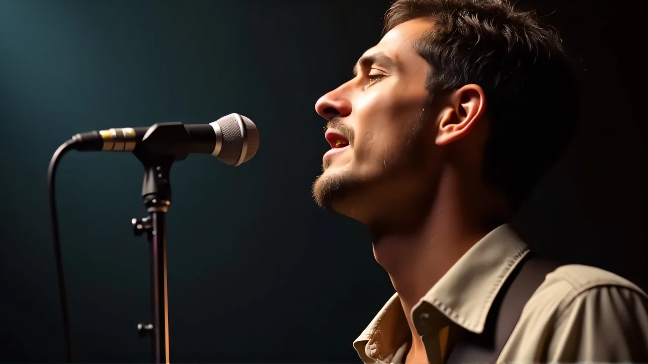 Close-up of a man singing into a vintage microphone with dramatic lighting.