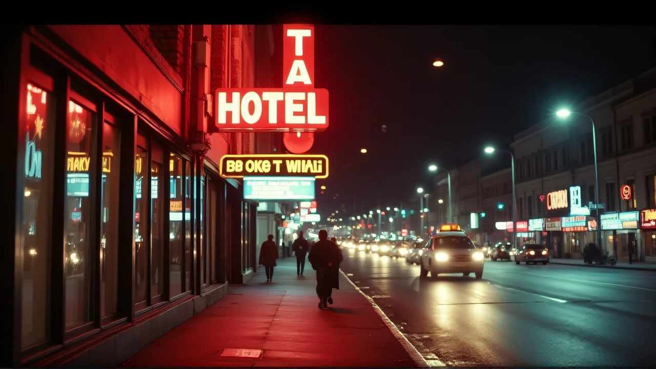 Low perspective of vintage neon hotel signage on a bustling city street at night with wet pavement and light trails.