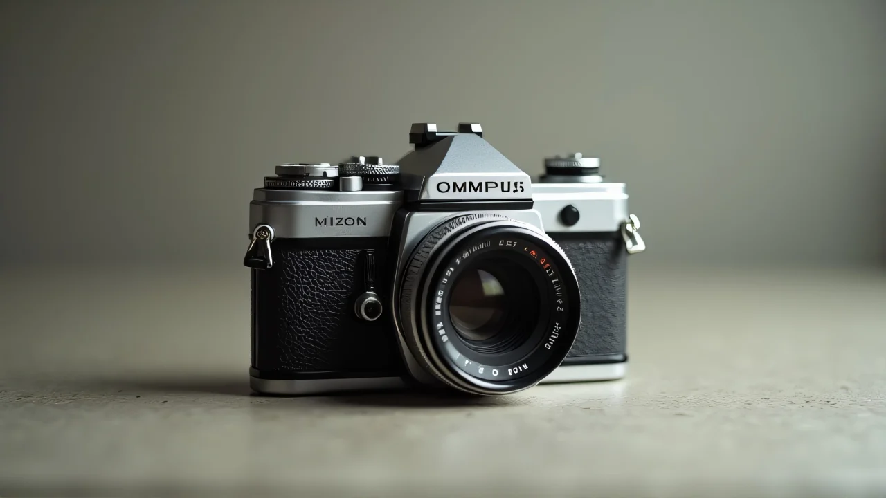 Vintage Olympus film camera showcasing rich textures and side lighting.