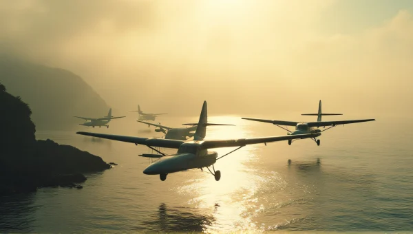 Vintage Seaplanes Taking Off at Misty Dawn