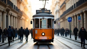 Vintage Tram On Cobblestone Street In Morning Light