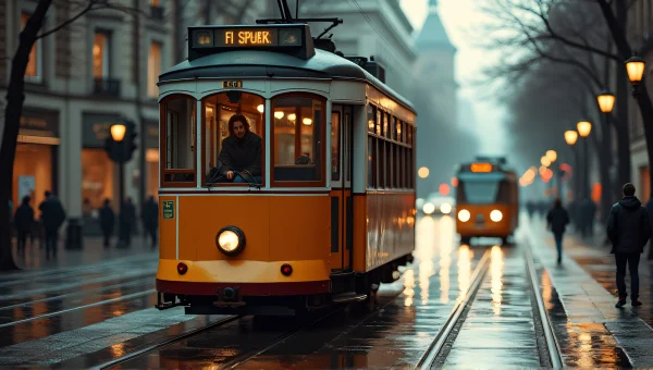 Vintage Tram Evening Commuters City Rain Tracks