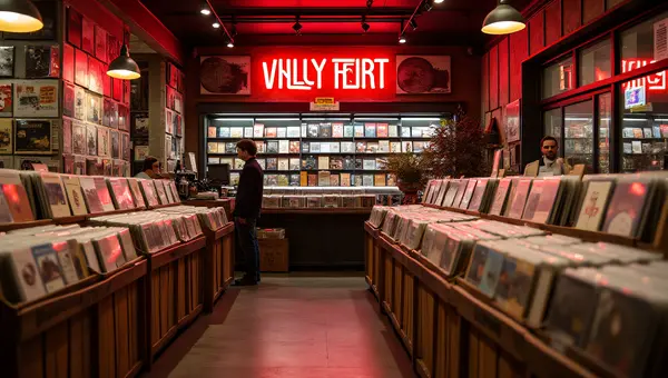 Vinyl Record Store Interior With Neon Sign