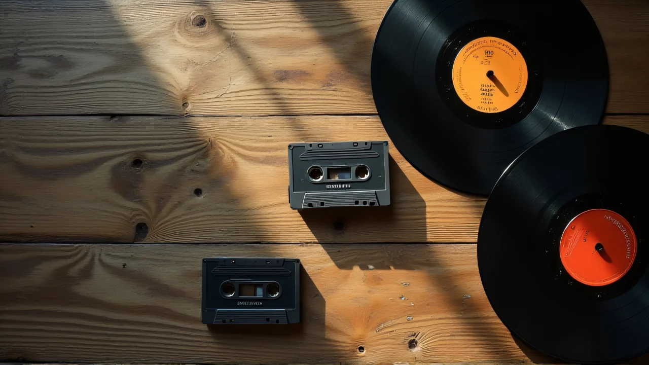 Top-down view of scattered vinyl records and cassette tapes on a wooden table.