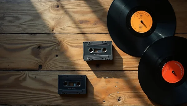 Vinyl Records And Cassette Tapes On Wooden Table