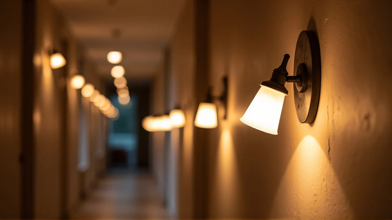 A low-angle view of a corridor illuminated by wall-mounted lamps, featuring textured plaster walls.