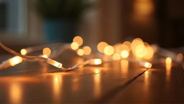 Warm String Lights On Wooden Table Close-Up