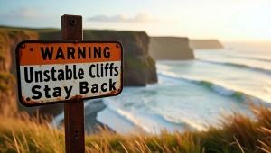 Warning Unstable Cliffs Sign At Sea Edge