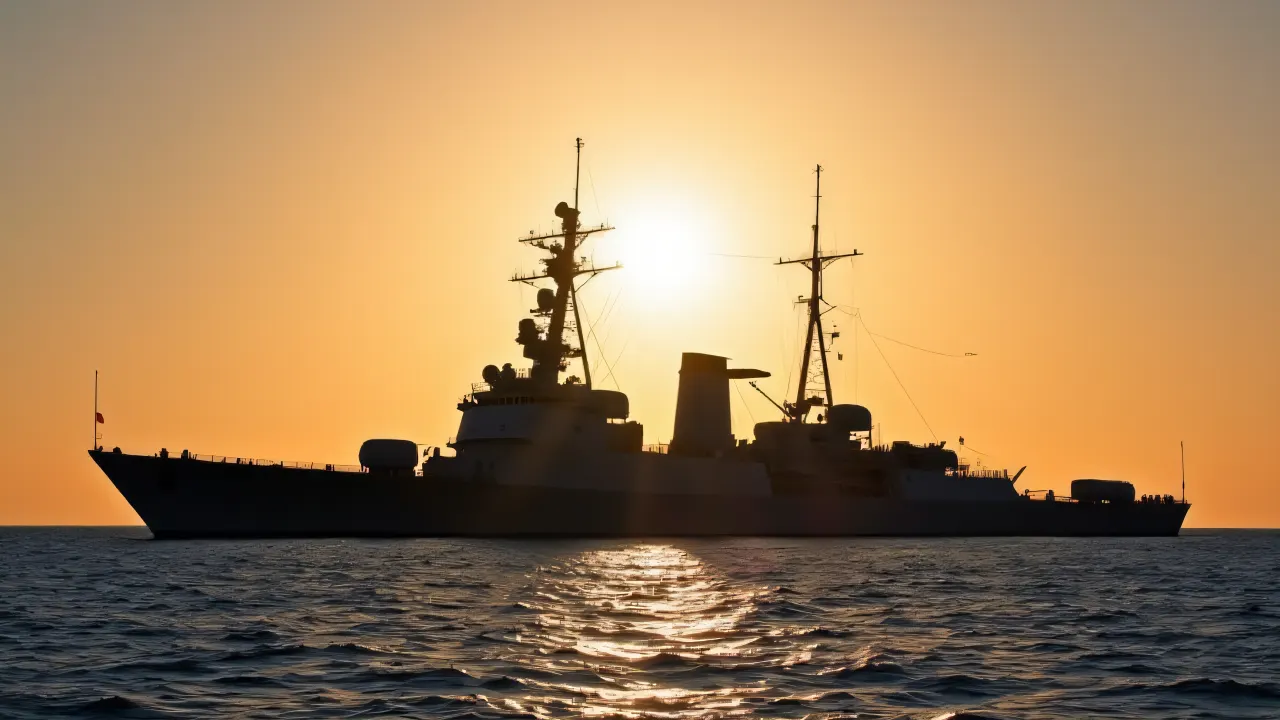 Silhouette of a warship against a low horizon with a calm sea in the foreground.