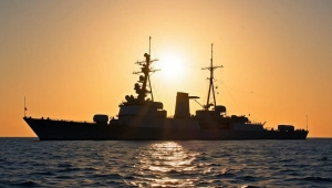 Warship Silhouette Against Calm Sea Horizon