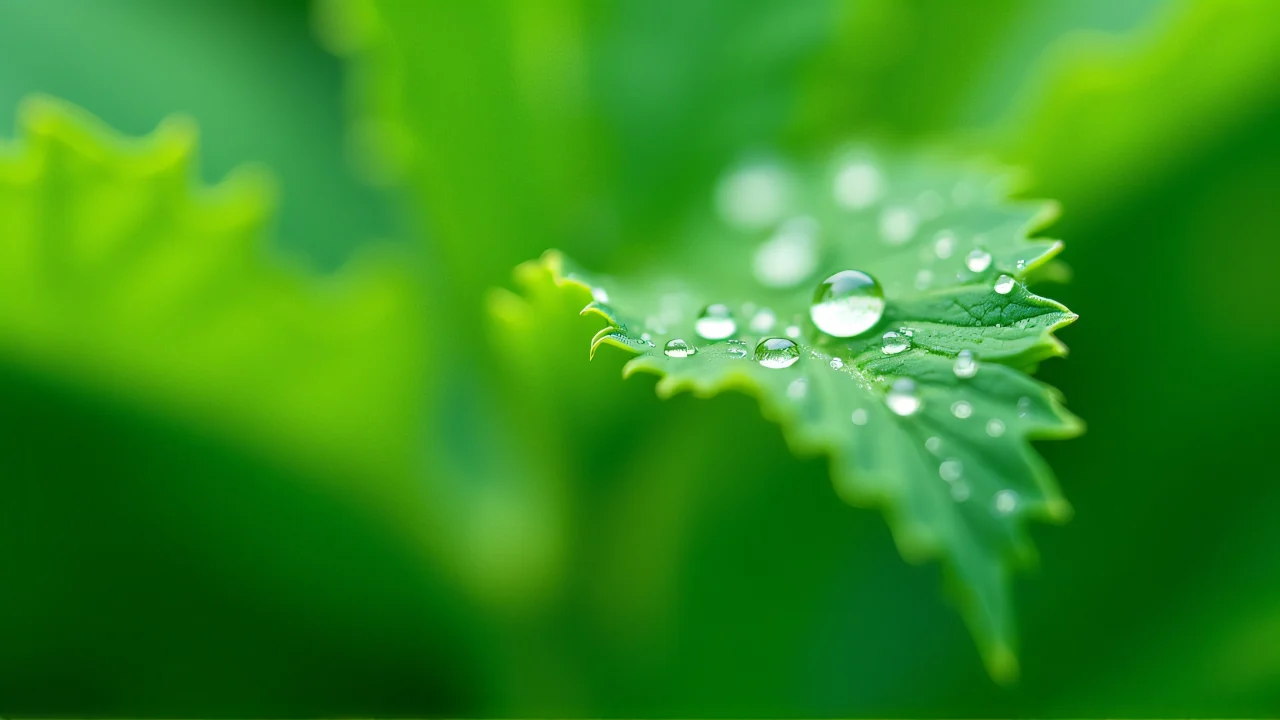 Close-up of water droplets resting on serrated green leaves in soft focus background.