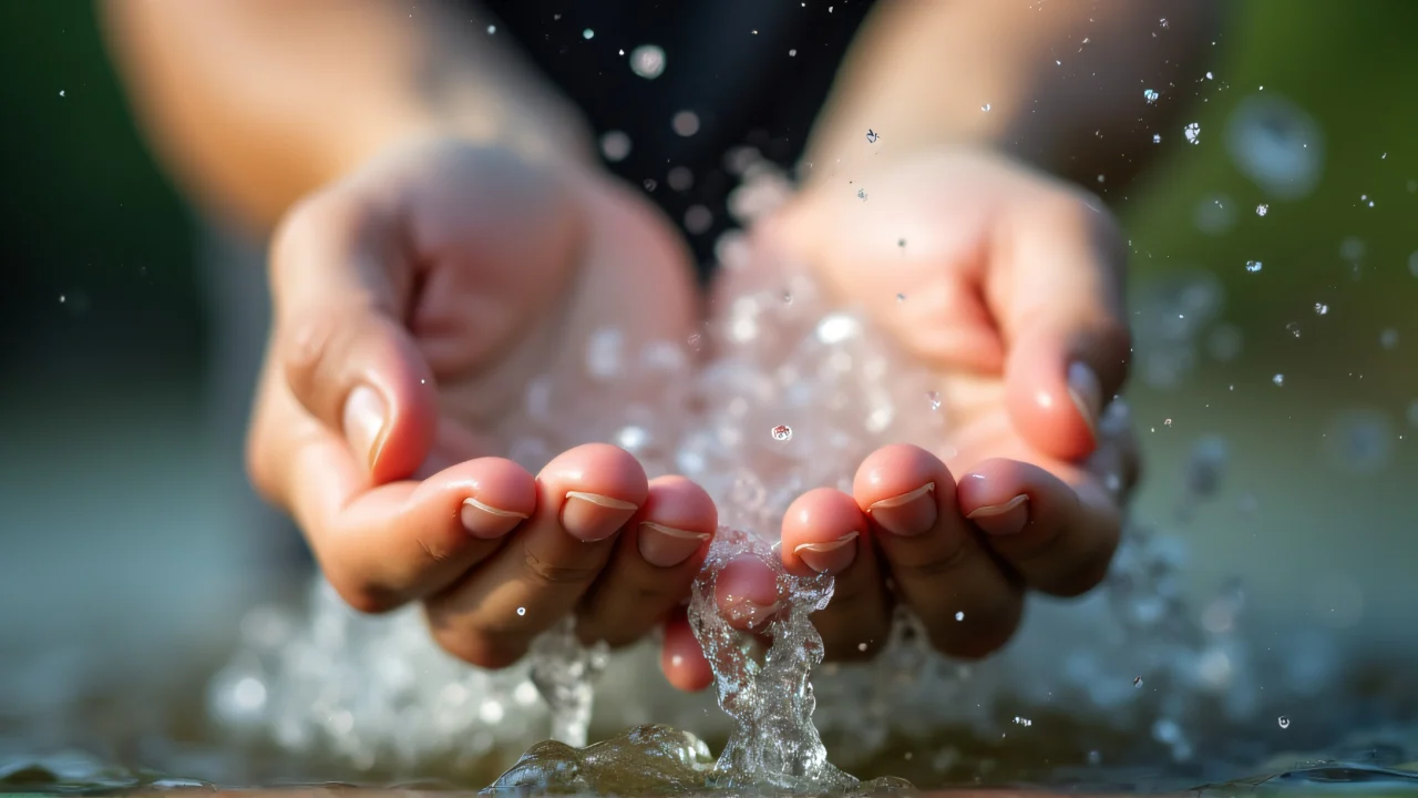 A close-up of hands splashing water, droplets suspended in midair.