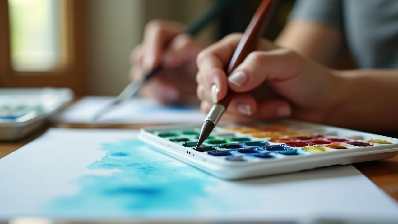 Close-up of a person painting with a watercolor palette and brush on wet paper.