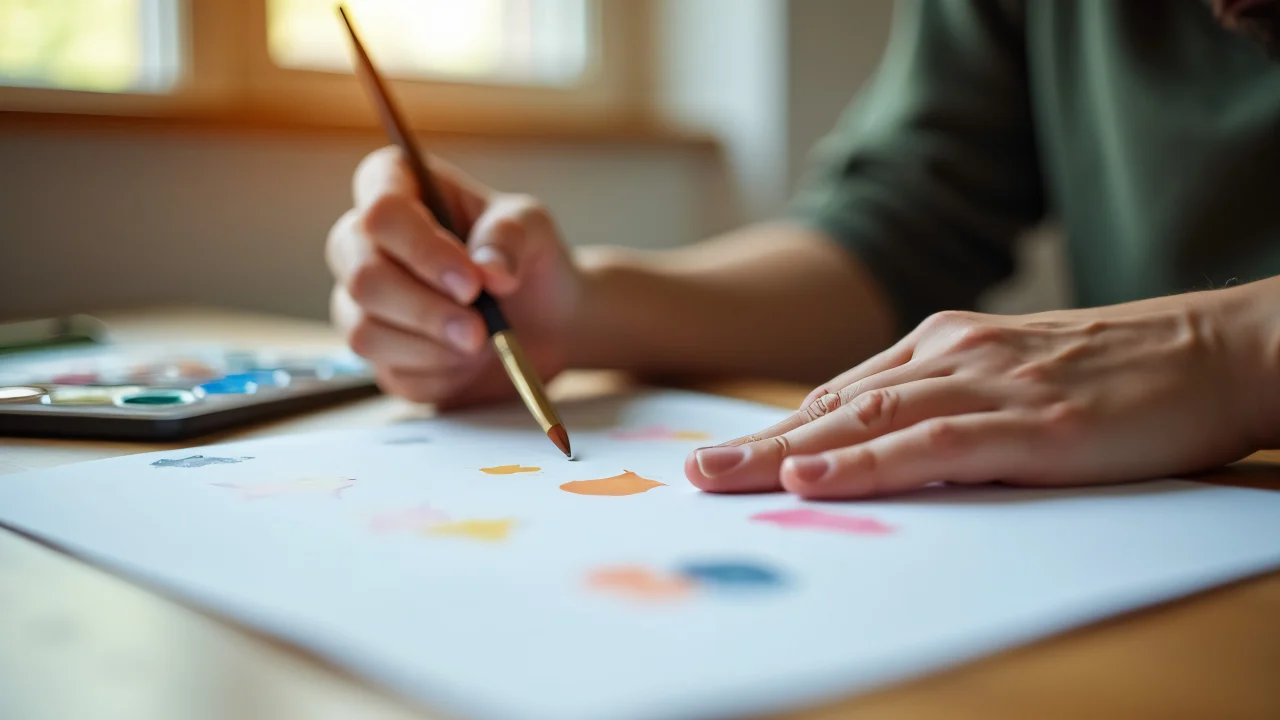 Close-up of watercolor paintset and brush on wooden table.
