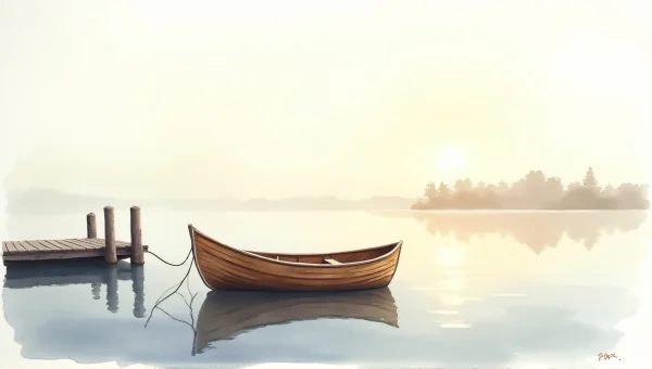 Watercolor Rowboat Tied to Dock at Dawn