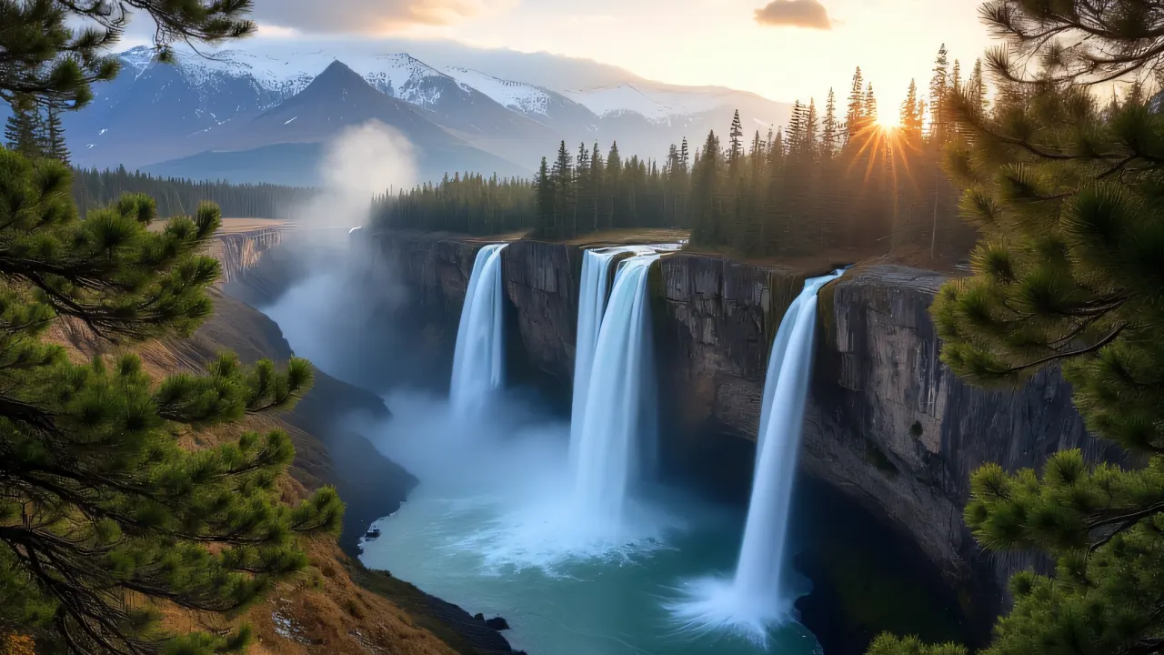 A scenic view of waterfalls flowing into a misty valley framed by pine branches under golden-hour light.