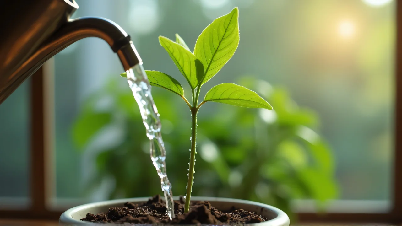Close-up shot of water pouring from a spout onto a green potted plant.