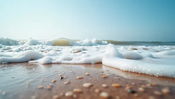 Waves Breaking On Sandy Shore With Pebbles