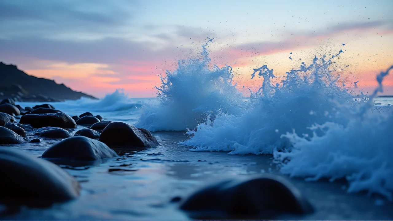 Low-angle view of waves crashing against a rocky seashore at twilight with spray frozen in mid-air.