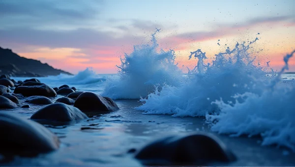 Waves Crashing on Rocky Seashore at Twilight