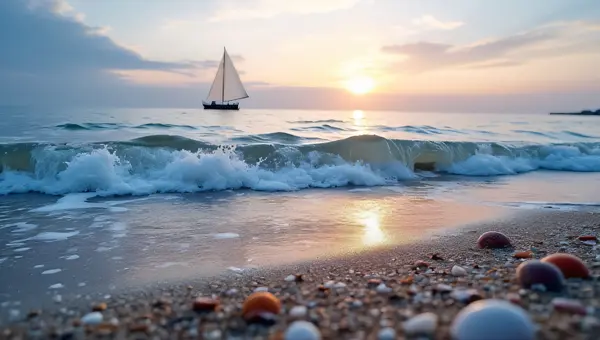 Wavy Seashore Dusk With Sailboat And Seashells