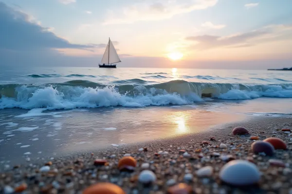 Wavy Seashore Dusk With Sailboat And Seashells