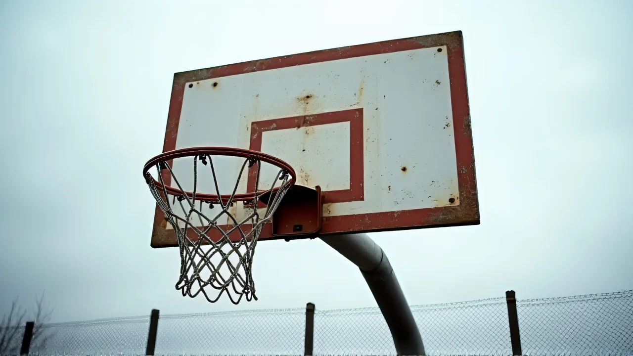 Low-angle view of a weathered basketball hoop attached to a rusted cyclone fence under an overcast sky.