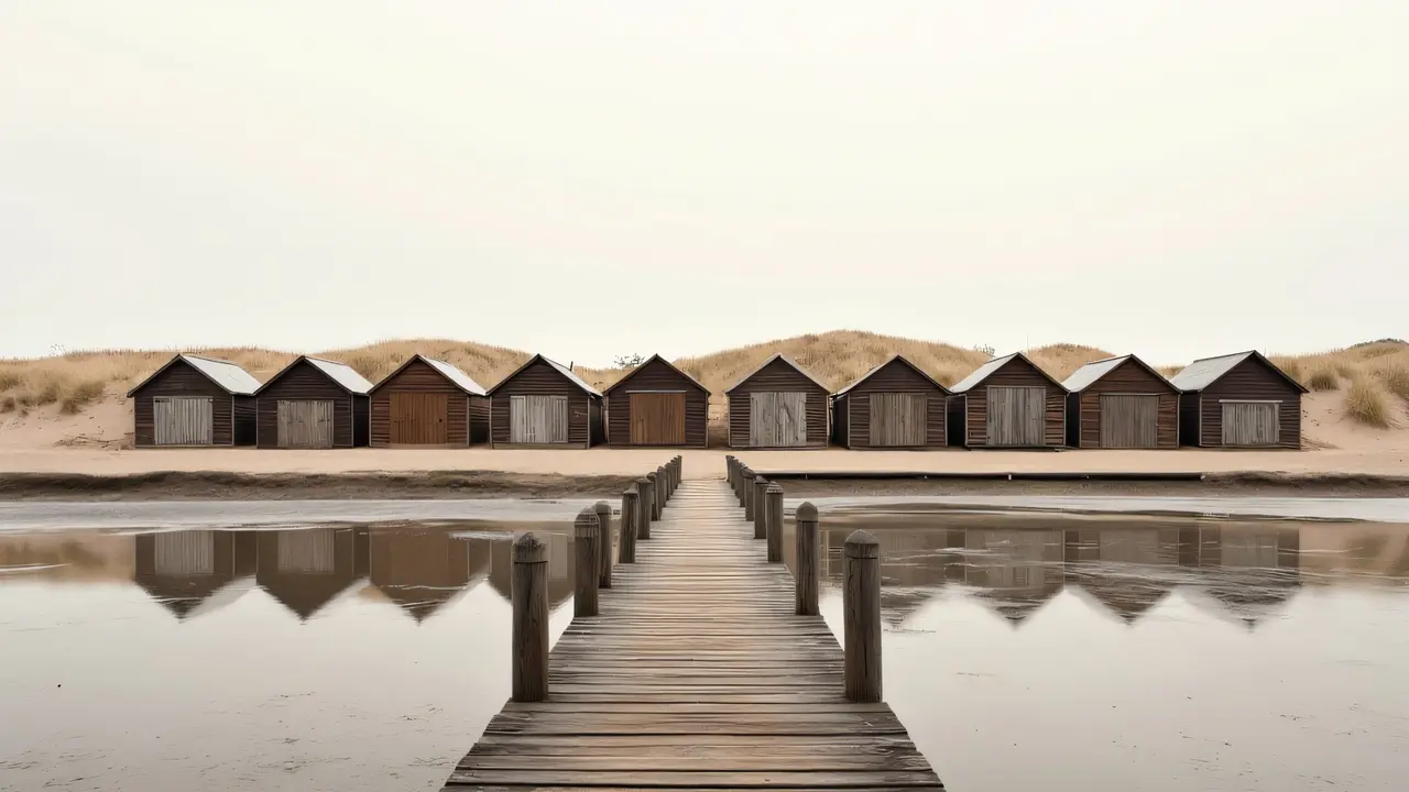 A row of weathered brown beach huts alongside a sandy seashore during low tide, with distant dunes under a pale sky.