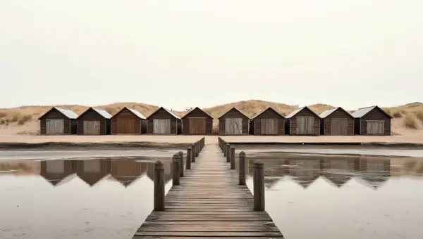 Weathered Beach Huts Along Sandy Seashore