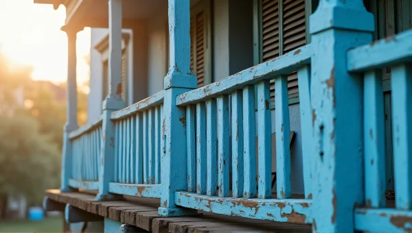 Weathered Blue Wooden Balcony With Morning Light