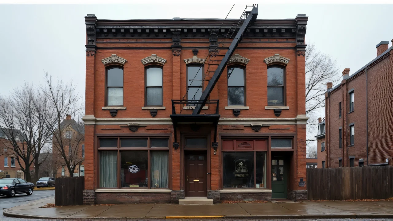 Three-story weathered brown brick building with fire escape under overcast sky.