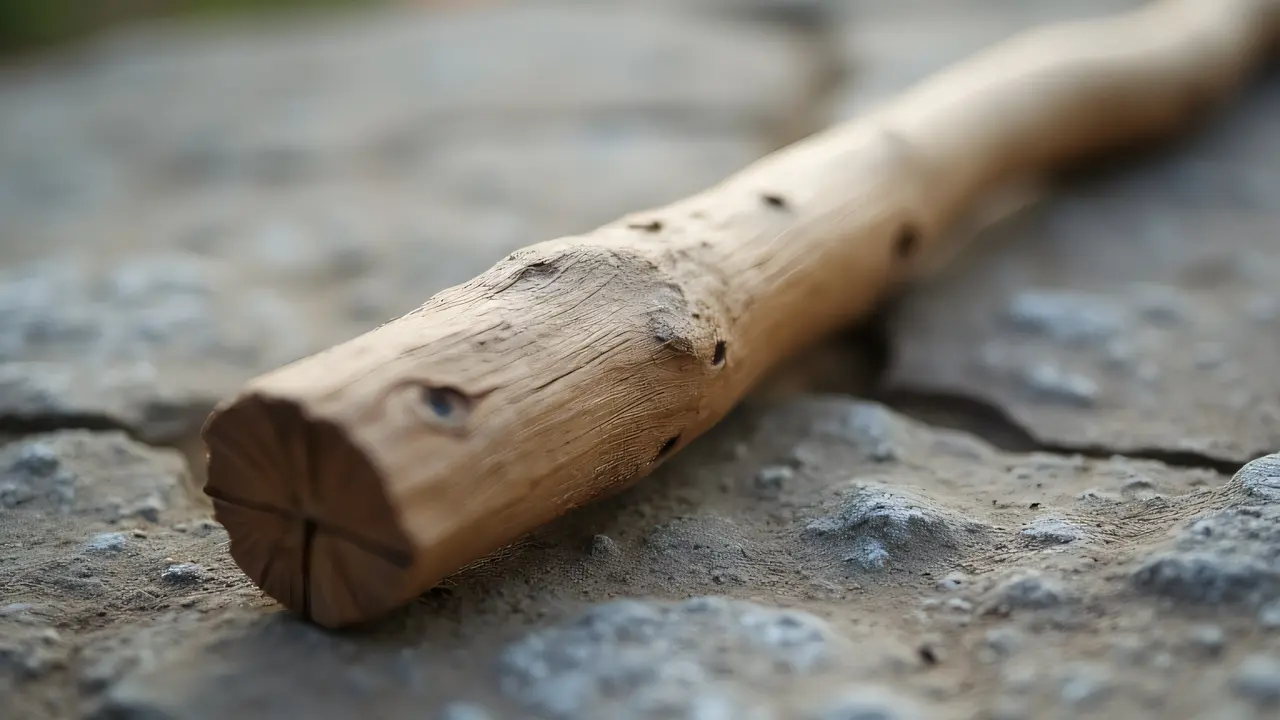 A weathered brown wooden stick rests on a rough stone surface.