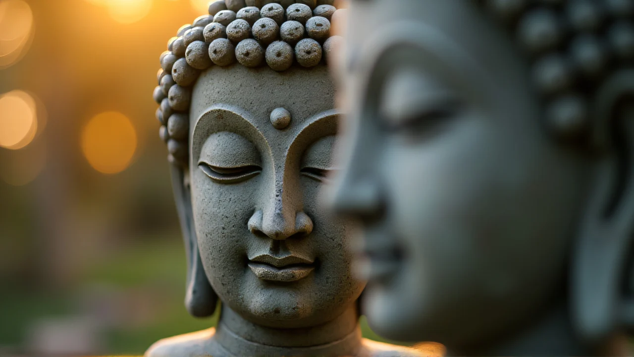 Close-up of a weathered Buddha head sculpture with soft focus in warm lighting.