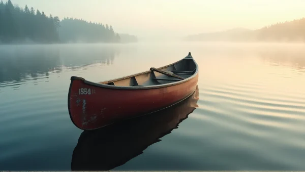 Weathered Canoe On Calm Lake At Dawn