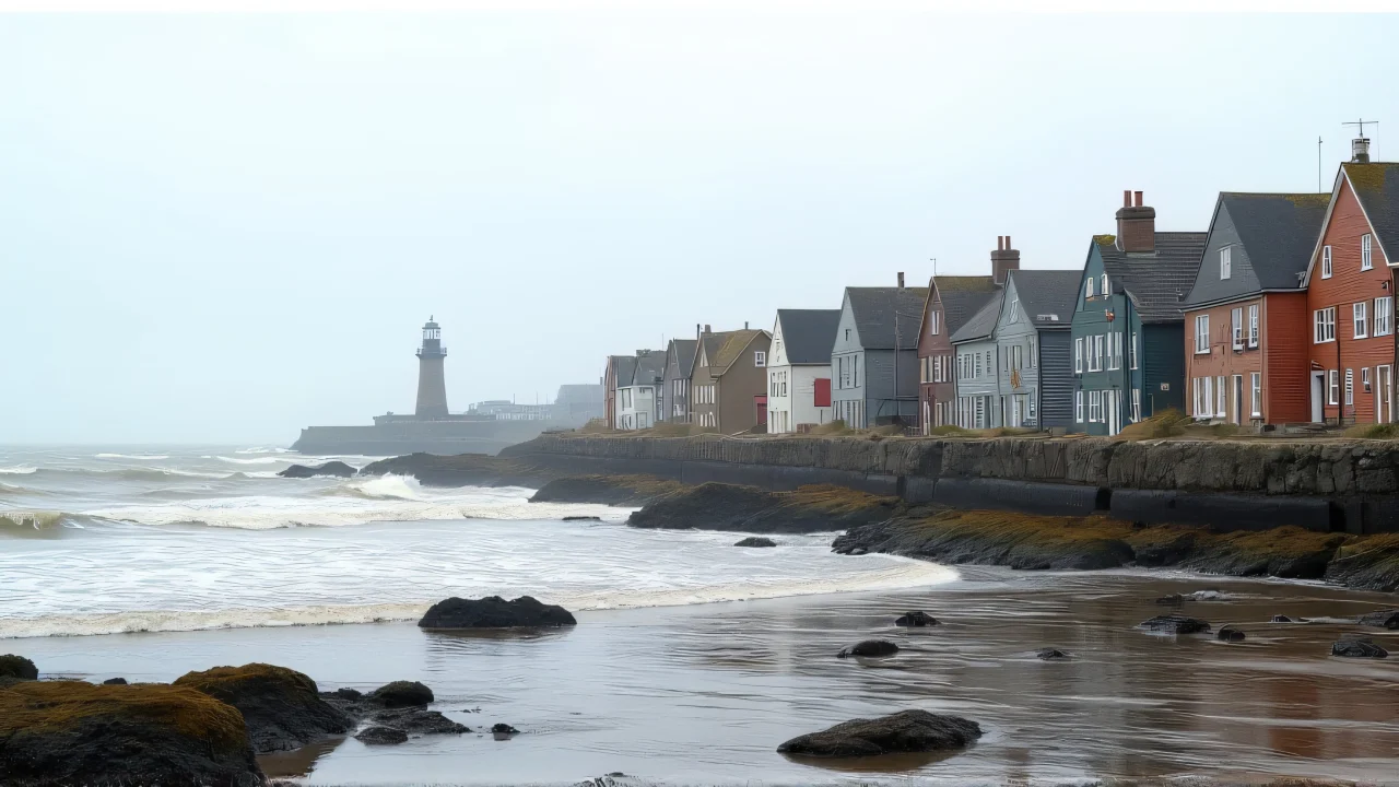 Row of weathered coastal buildings next to a churning sea at low tide.