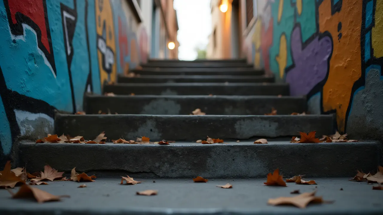 Low-angle view of concrete stairs adorned with graffiti and scattered leaves under dusk light.