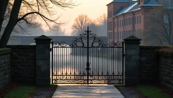 Weathered Iron Gate By Stone Bridge At Dawn