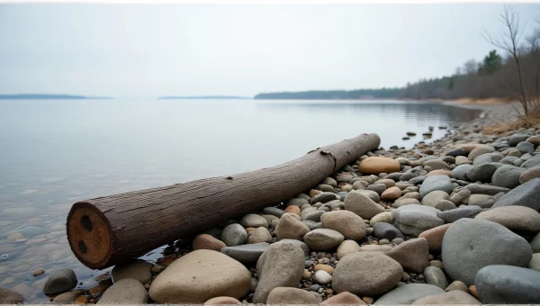 Weathered Log On Rocky Shoreline With Reflection