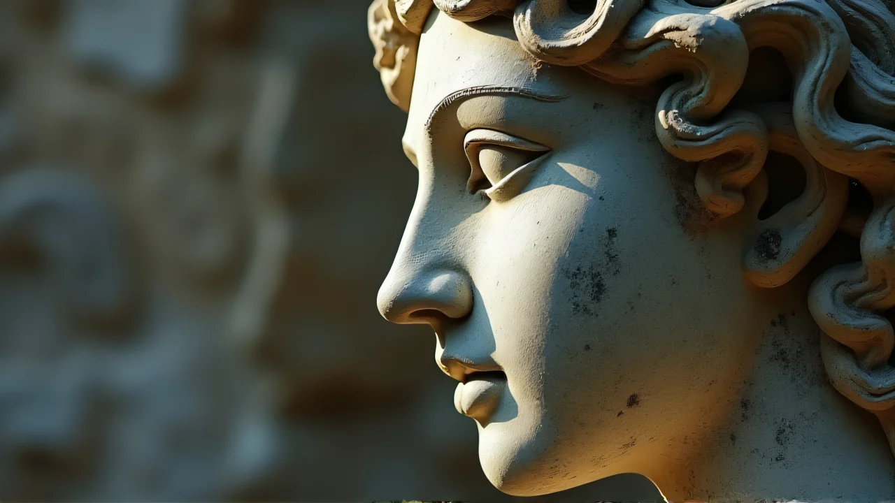 Close-up of a weathered stone statue head in soft light.