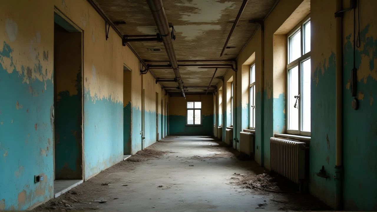 A weathered corridor featuring peeling paint and exposed pipes, illuminated by soft light from a distant window.